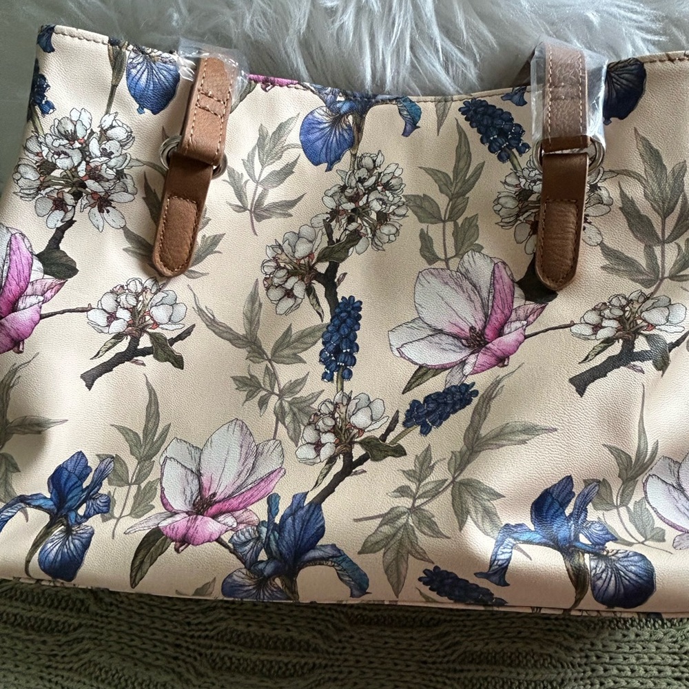 NWT MultiSac Pastel Medium Floral Cream Tote Bag with Tan Straps - Picture 7 of 12